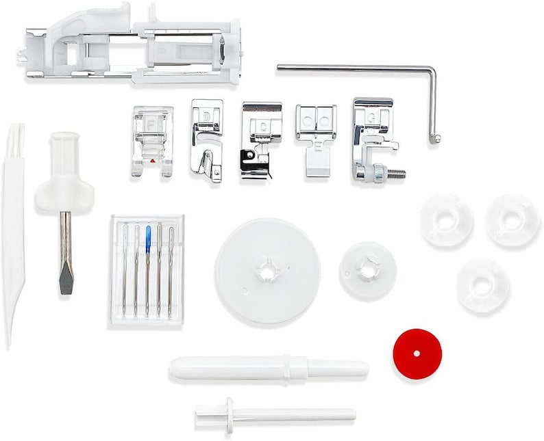 May include: A collection of sewing machine accessories, including various presser feet, bobbins, needles, and tools. The components are primarily white with silver metal accents and a red circular piece. The items are arranged on a white background.