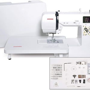 Puede incluir: Máquina de coser blanca Janome JW8100 con mesa extensible y accesorios. La máquina tiene una pantalla digital y un diseño de cachemira. Los accesorios incluyen prensatelas y herramientas para coser. Ideal para proyectos de costura.