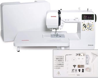 May include: A white Janome JW8100 sewing machine with a detachable extension table and accessories. The machine features a digital display and a decorative paisley design. The accessories include various presser feet and tools for sewing projects.