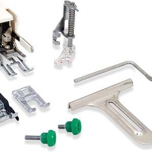 May include: A collection of sewing machine presser feet and accessories. Includes a white and silver presser foot, clear presser feet, a silver metal tool, and green knobs. Ideal for sewing and crafting projects.