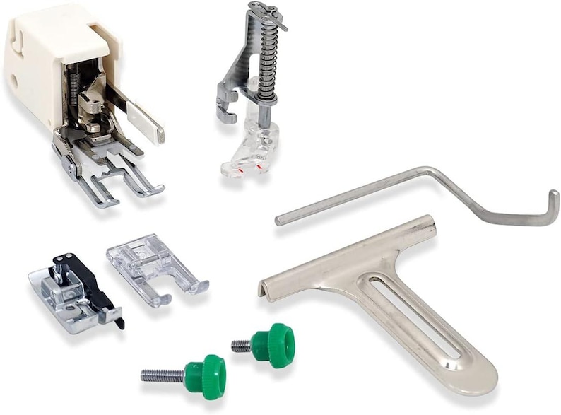 May include: A collection of sewing machine presser feet and accessories. Includes a white and silver presser foot, clear presser feet, a silver metal tool, and green knobs. Ideal for sewing and crafting projects.