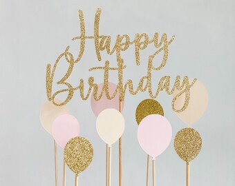 Happy Birthday cake topper set with blush pink balloons, Boho Gold Script cake topper