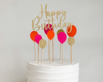 Happy Birthday cake topper set with pink and orange balloons, Gold Happy Birthday script cake topper