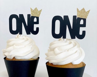 One Cupcake Toppers with Gold Crown for first birthday, Wild One Cupcake Toppers set