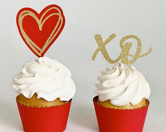 Valentine’s Day Cupcake Toppers set, XO cupcake toppers, red heart with double gold heart cupcake toppers