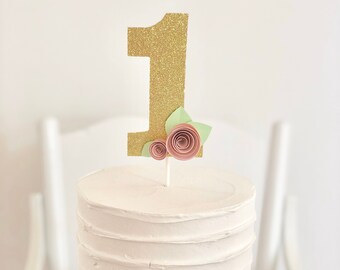 First Birthday Cake Topper with Blush Pink Rosettes for Girl, Smash Cake Topper, Photo Prop