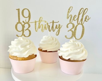 Hello 30 cupcake toppers, 30th birthday, custom age cupcake topper