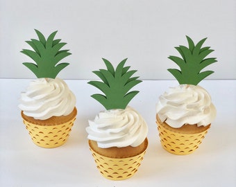 Pineapple cupcake toppers and wrappers set, tropical party, Aloha party, Hawaiian party