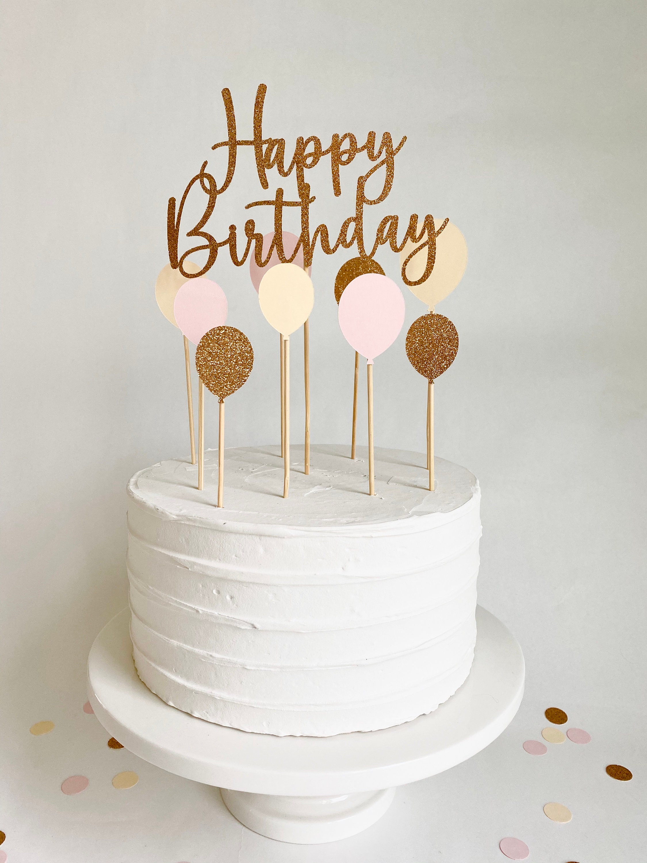 Rose Gold Glitter Script Happy Birthday and Balloons Cake Topper Set - Etsy
