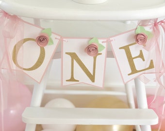 One High Chair Banner with blush pink flowers, Floral High Chair Banner
