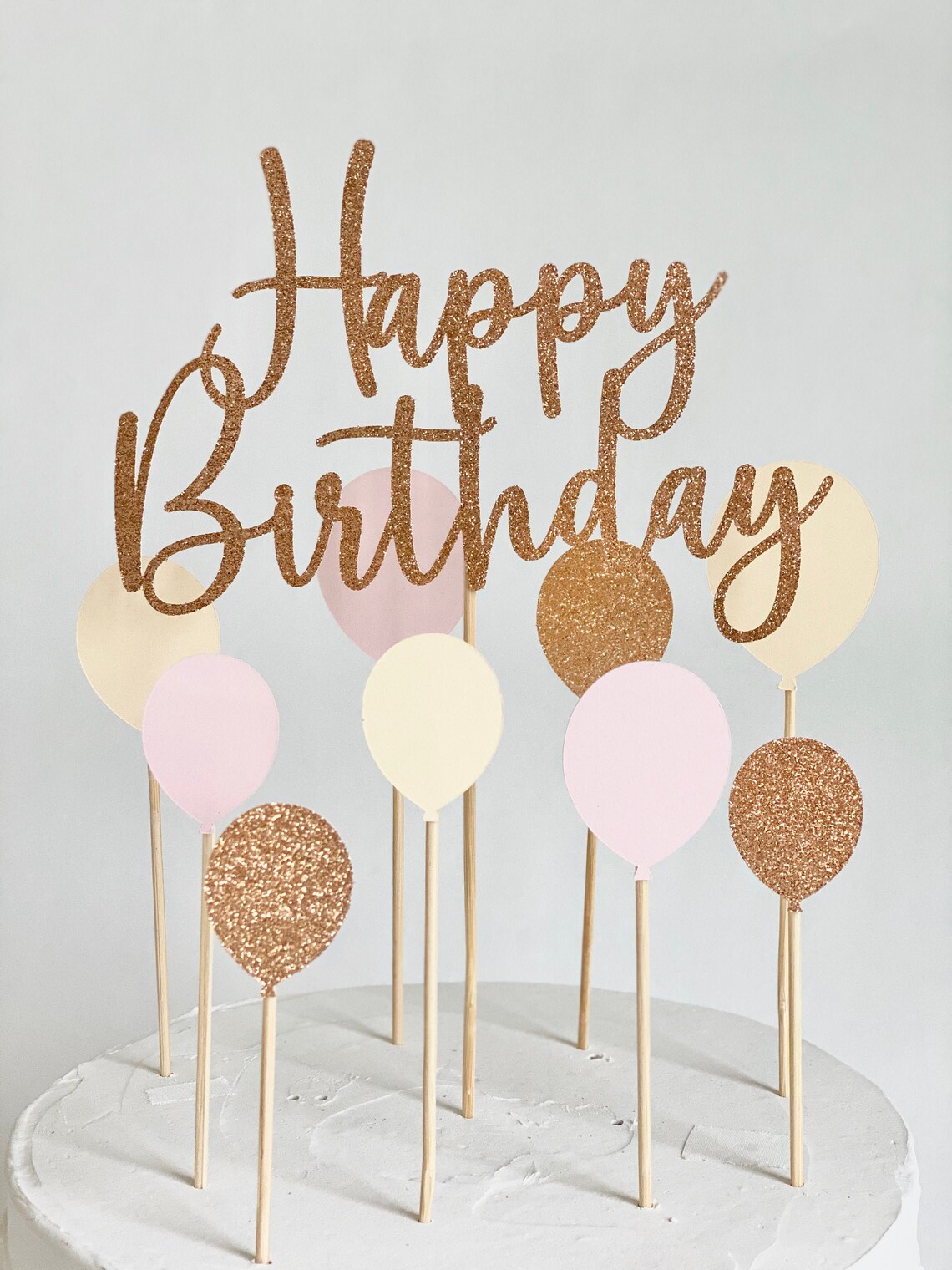 Rose Gold Glitter Script Happy Birthday and Balloons Cake Topper Set - Etsy