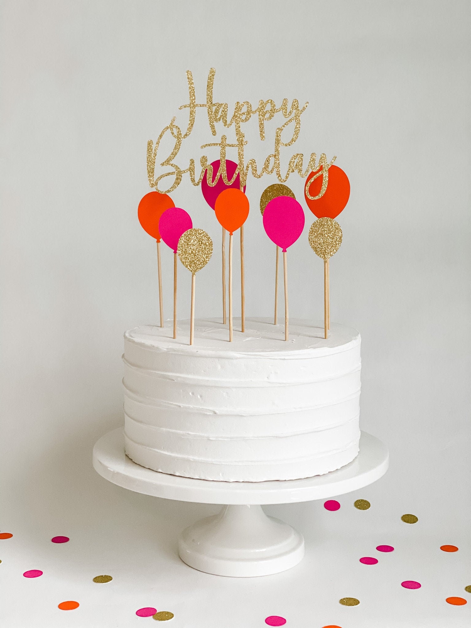 Happy Cakes エシャルプ　ピンク Happy Birthday Cake Topper Set With Pink and Orange Balloons