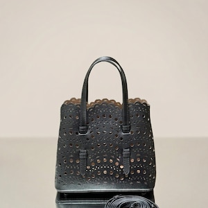 Mini Cutout Leather Tote Bag, Top Handle Shoulder Bag, Minimalist Summer Bag, Laser Cut Leather Handbag, Small Designer Style Tote Black