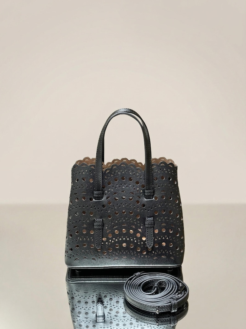 Mini Cutout Leather Tote Bag, Top Handle Shoulder Bag, Minimalist Summer Bag, Laser Cut Leather Handbag, Small Designer Style Tote Black