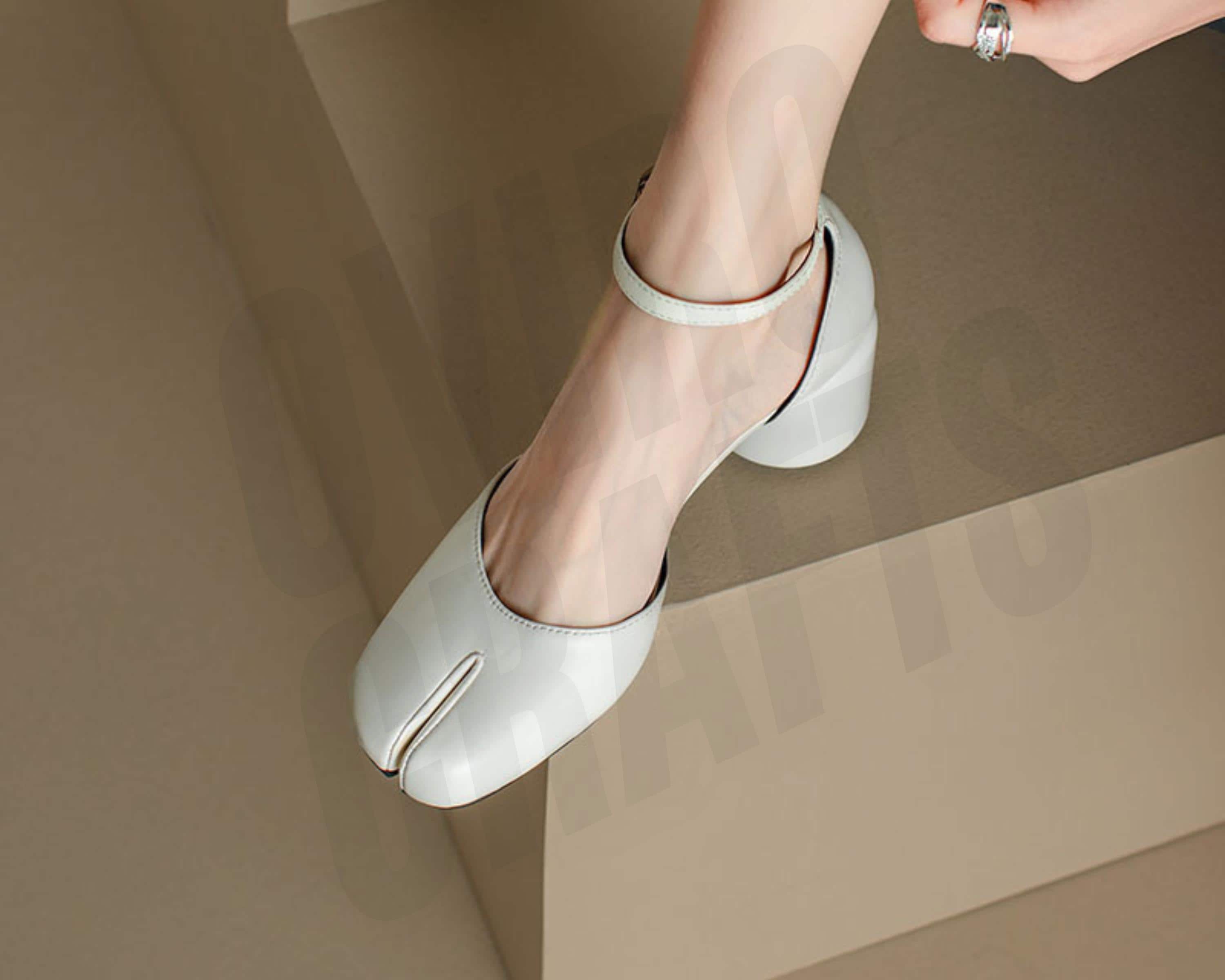 Split Toe Mary Jane Tabi Heels – Leather Round Toe Ankle Strap 