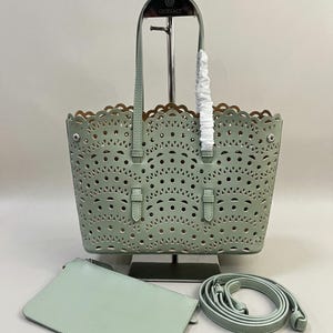 Mini Cutout Leather Tote Bag, Top Handle Shoulder Bag, Minimalist Summer Bag, Laser Cut Leather Handbag, Small Designer Style Tote Sage Green