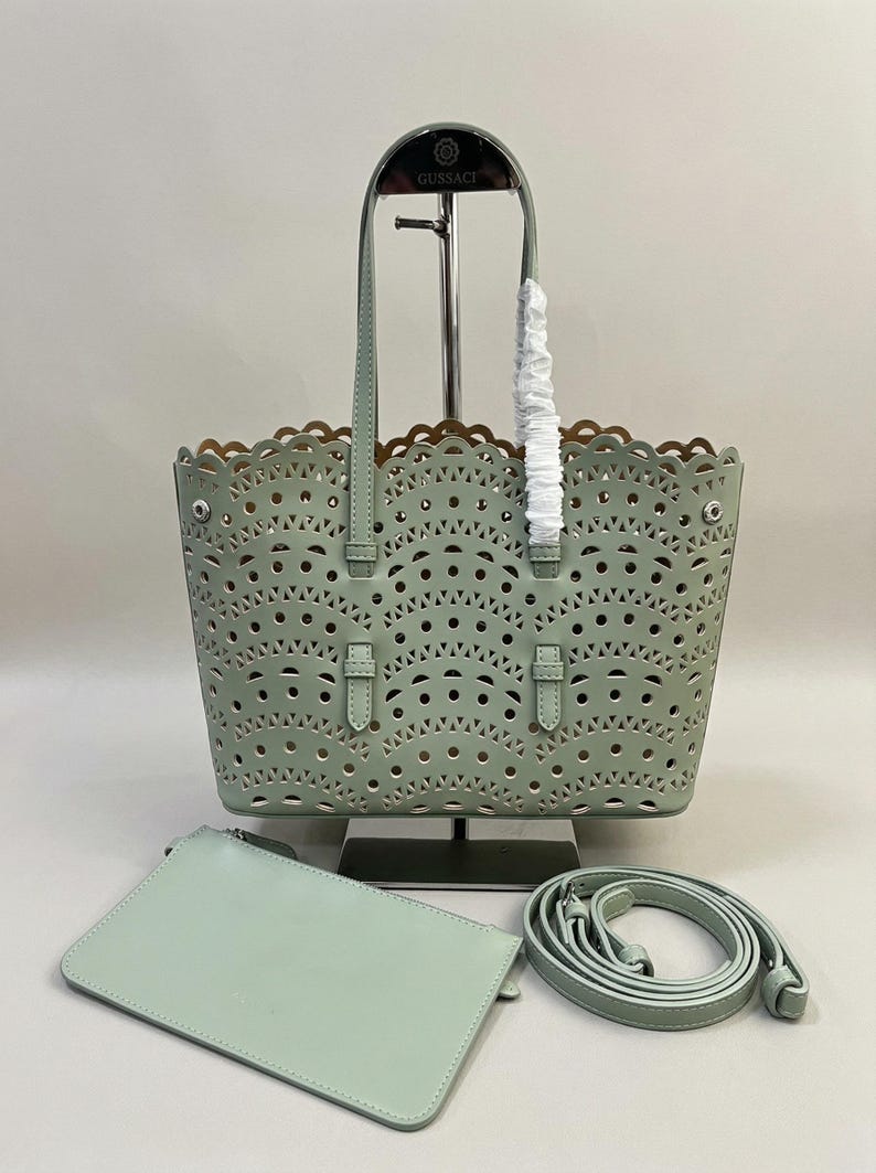 Mini Cutout Leather Tote Bag, Top Handle Shoulder Bag, Minimalist Summer Bag, Laser Cut Leather Handbag, Small Designer Style Tote Sage Green