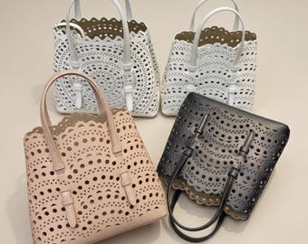 Mini Cutout Leather Tote Bag, Top Handle Shoulder Bag, Minimalist Summer Bag, Laser Cut Leather Handbag, Small Designer Style Tote