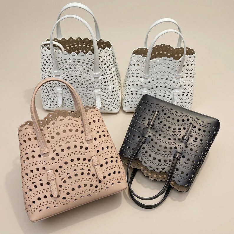 Mini Cutout Leather Tote Bag, Top Handle Shoulder Bag, Minimalist Summer Bag, Laser Cut Leather Handbag, Small Designer Style Tote image 1