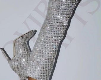 Rhinestone Crystal Knee High Boots - Sparkly Silver Embellished Women's Party Shoes | Sparkling Crystal Embellished Boots