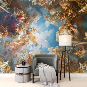Carta da parati murale con soffitto barocco – Grande carta da parati classica con affresco per un soggiorno di lusso e un arredamento per il corridoio