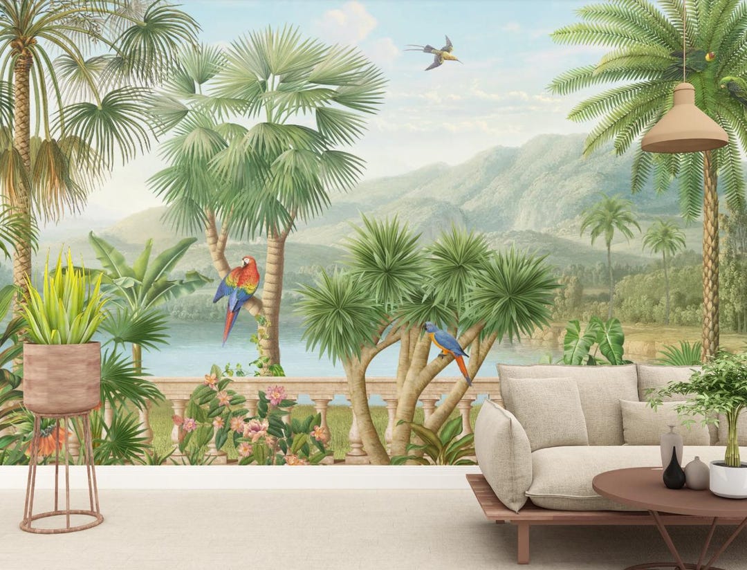 Tropical Paradise Wall Mural - Exotic Palm Trees, Parrots & Lush ...