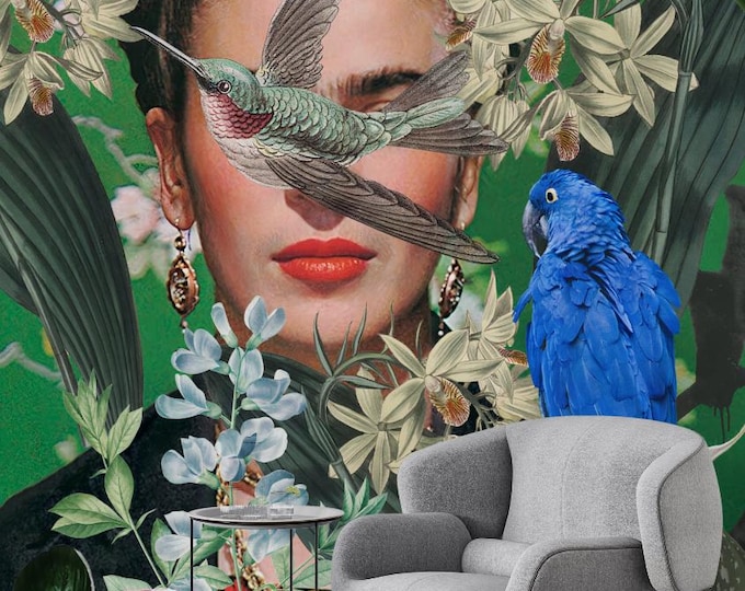 Featured listing image: Tropical Art Wall Mural – Exotic Botanical Portrait with Hummingbird and Parrot