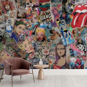 Retro Pop Art Collage Wall Mural with Iconic Celebrities, Comics and Graffiti – Colorful Vintage Style Wallpaper for Home Decor