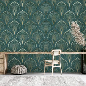 Luxurious Art Deco Wallpaper – Teal - Gold Fan Pattern for Sophisticated Interiors, Perfect for Modern & Timeless Décor Styles