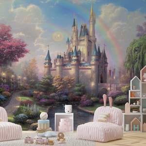 Fotomurale da parete con castello da favola: incantevole arcobaleno, natura e paesaggio magico per un arredamento stravagante per la casa e le camerette dei bambini