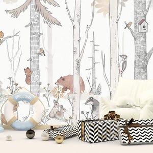 Woodland Animals Wallpaper for Nursery | Forest Friends Wall Mural | Baby Room Decor with Deer, Bear, Squirrel & Bird Illustration