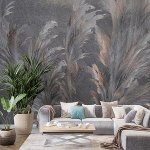 Luxuriöse Tapete mit Federmuster und Metall-Textur in Silber und Bronze – modernes abstraktes Wandbild für stilvolle Räume