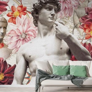 Klassische Skulpturen Collage – David mit Blumen auf Vintage-Kartenhintergrund