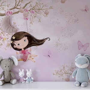 Pink Swing Girl Wall Mural – Cute Cartoon Illustration with Blossoms and Butterflies for Nursery or Kids' Room