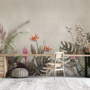 Tropischer Dschungel Wandbild mit Kolibri und Paradiesvogel, Botanische Tapete zum Abziehen für Wohnzimmer oder Schlafzimmer