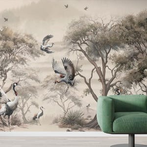 Cranes in Forest Wall Mural, Japanese Style Nature Wallpaper, Elegant Bird Scene Removable Peel and Stick Wall Art for Bedroom or Hall