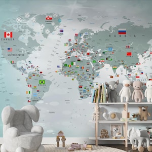 Murale con mappa del mondo con bandiere – Arte murale educativa – Carta da parati moderna con mappa – Decorazione geografica per la stanza dei bambini