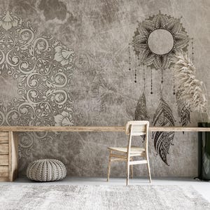 Fotomurale vintage acchiappasogni - Elegante mandala floreale e design acchiappasogni, toni neutri boho chic per un arredamento domestico calmo