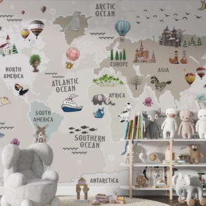 Kinder-Weltkarten-Tapete – Pädagogisches Abenteuer-Wandbild – Süße Tiere & Wahrzeichen – Spielzimmer - Babyzimmer-Deko