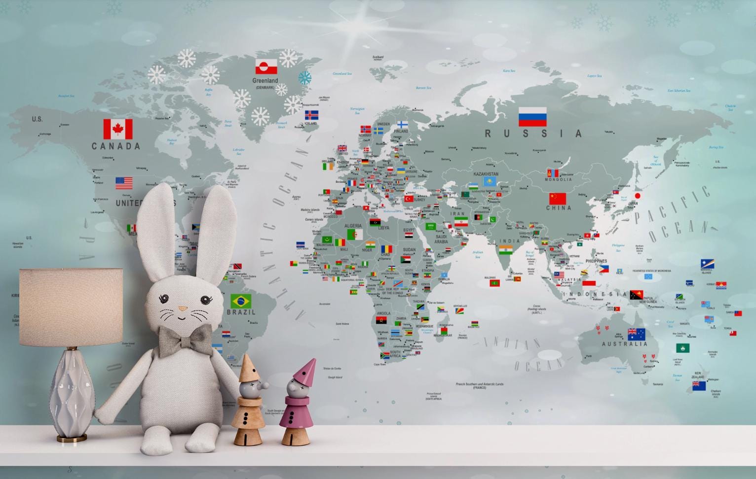 World Map Mural With Flags – Educational Wall Art – Modern Map ...