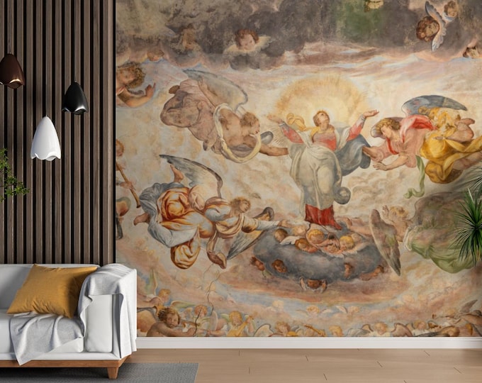 Featured listing image: Assumption of Mary Fresco Wallpaper – Baroque Ceiling Mural with Angels, Renaissance Sacred Wall Art Print