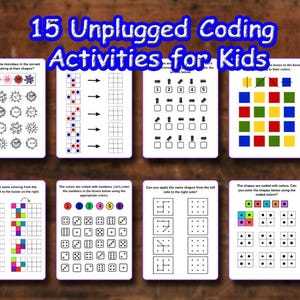 May include: A set of 15 unplugged coding activities for kids. The cards feature various colorful shapes, patterns, and number-based puzzles. The title is in blue, and the cards are arranged on a wooden surface.
