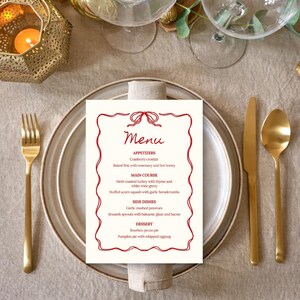 Szablon menu świątecznego, szablon menu do wydruku, szablon menu do dostosowania, szablon menu z czerwoną kokardą i falami