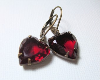 Red Jewel Earrings, Ruby Red Heart, Gift for Her