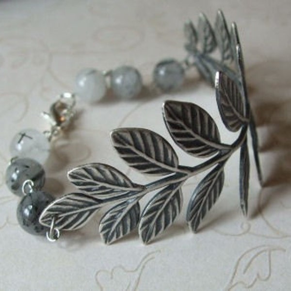 Fern. Antiqued Silver Branch and Tourmalinated Quartz Bracelet