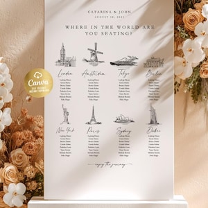 May include: A white wedding seating chart with the text "CATARINA & JOHN" and "WHERE IN THE WORLD ARE YOU SEATING?". The chart features illustrations of landmarks from various cities, including London, Amsterdam, Tokyo, and New York. The words "enjoy the journey" are written at the bottom.