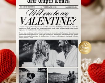 Will You Be My Valentine Newspaper Template With Photo, Personalized Valentine gift, Valentine’s Day printable, Flower Bouquet Wrap Template