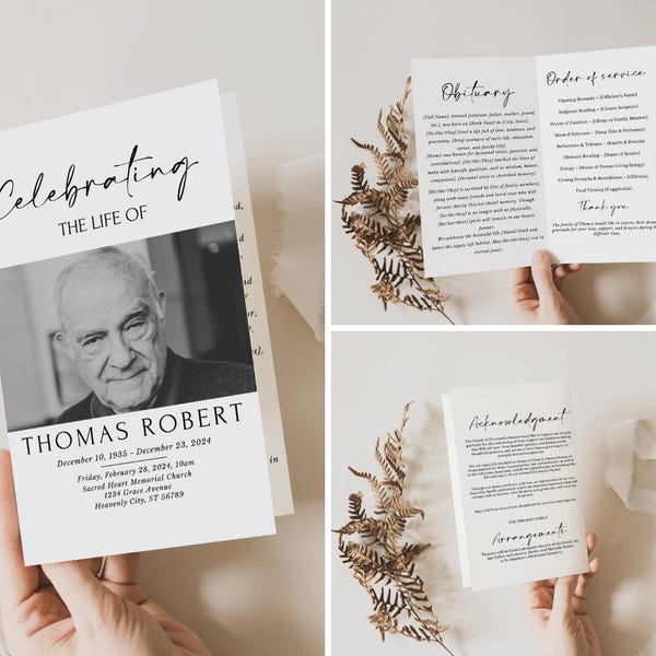Modelo editável de programa funerário, Celebração da Vida (Canva)