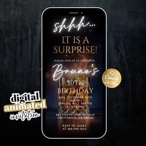 Op de afbeelding: Een digitale geanimeerde uitnodiging op een smartphonescherm. De uitnodiging kondigt Bruno's 30e verjaardag op 25 december aan met de tekst "shhh... IT IS A SURPRISE!". Een cocktailglas en het Canva-logo zijn zichtbaar.