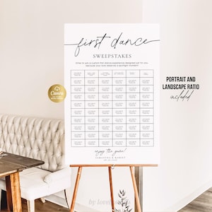 May include: A white sign on a wooden easel with the words "first dance sweepstakes" in black script. The sign includes a grid of boxes and the text "enjoy the game!" with a couple's names and date.